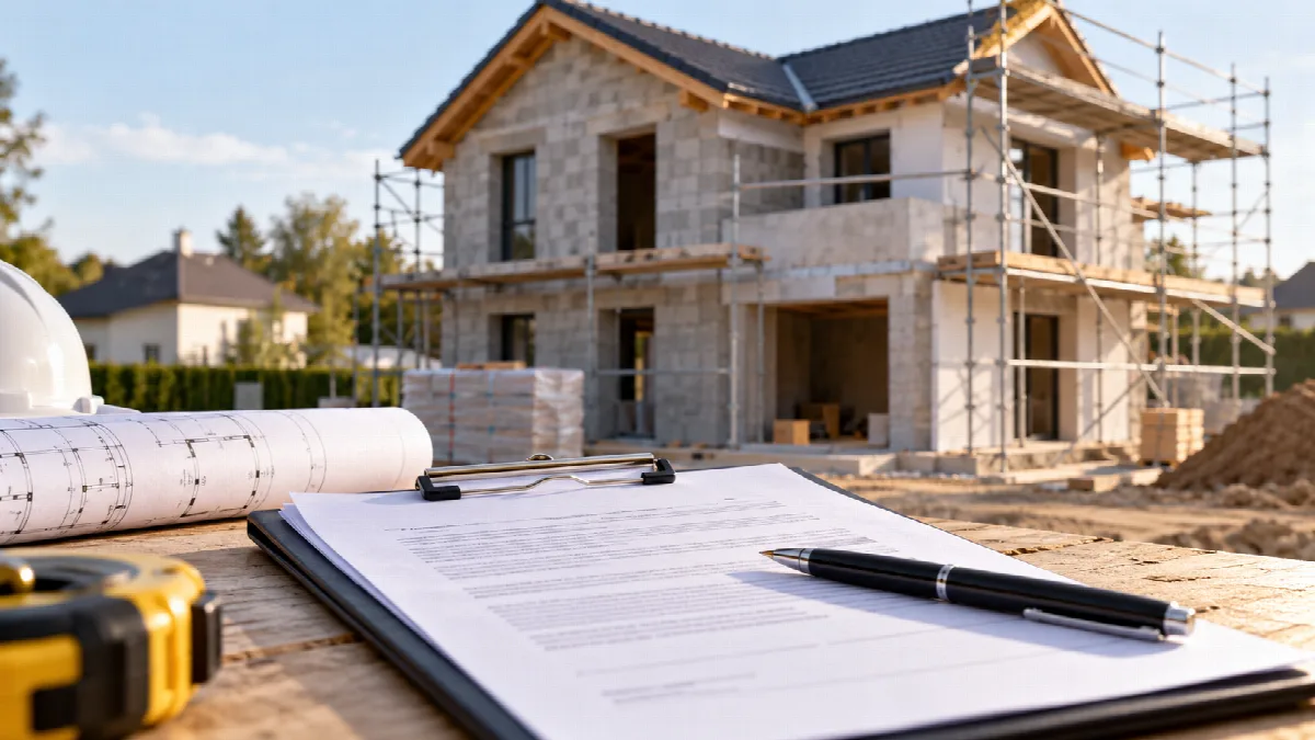 Maison individuelle en construction avec des plans de chantier au premier plan