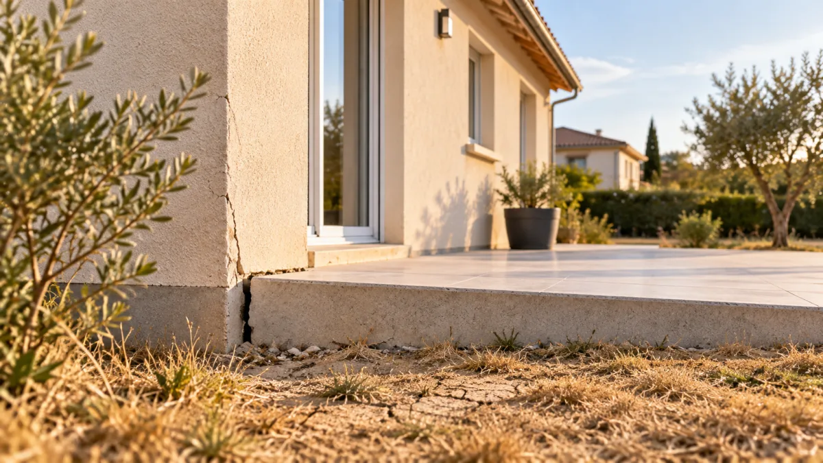 Façade fissurée d’une maison sur un terrain sec