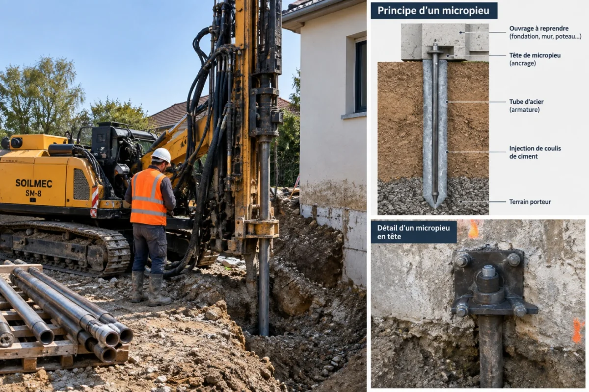 Forage de micropieux près d'une maison et schéma du principe d'un micropieu
