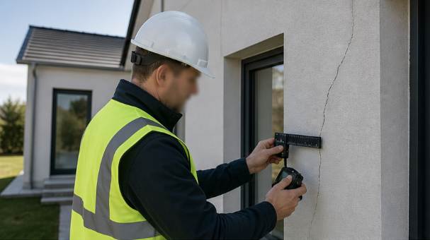 Expert mesurant l'ouverture d'une fissure sur la façade d'une maison