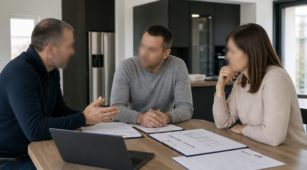 Expert en construction expliquant ses conclusions à des maîtres d'ouvrage