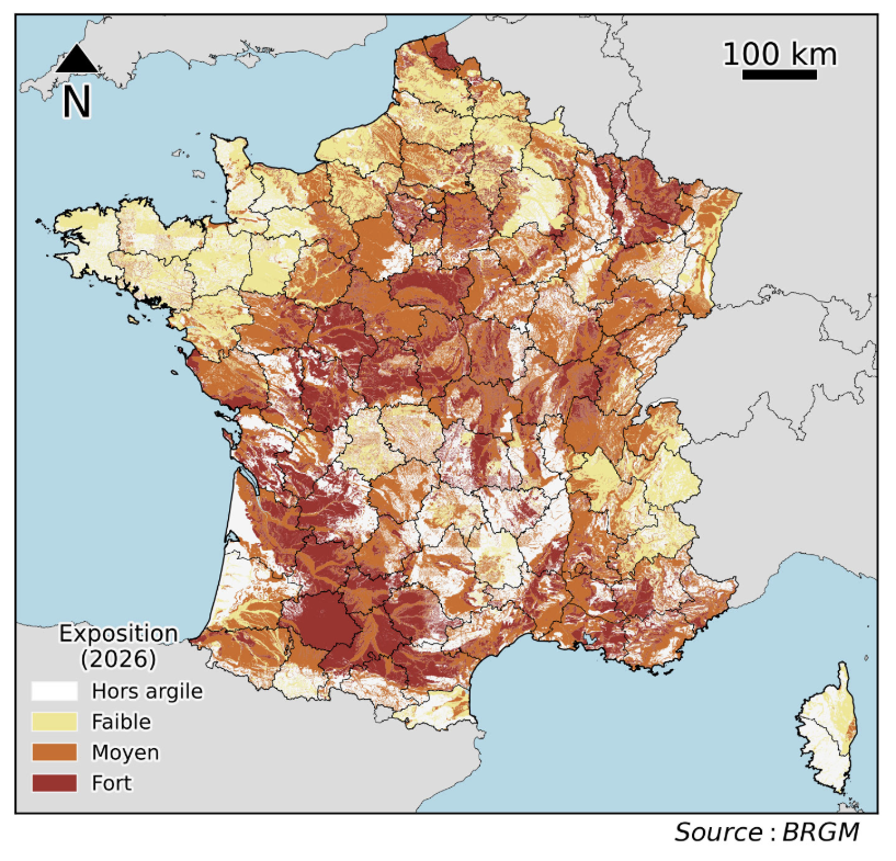 Carte de France de l'exposition au retrait-gonflement des argiles, source BRGM