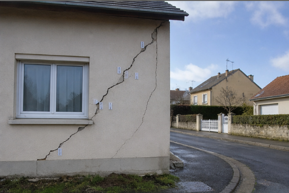 Façade de maison traversée par une large fissure en escalier, avec témoins de suivi posés