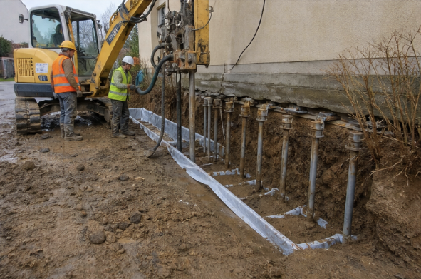 Chantier de reprise en sous-œuvre par micropieux le long d'une façade