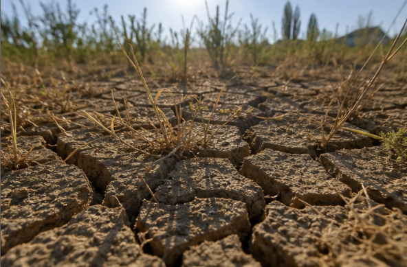 Sol argileux craquelé par la sécheresse, à l'origine du retrait-gonflement des argiles